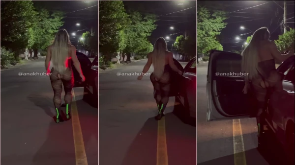 Ana Khuber walking on the street with provocative clothes