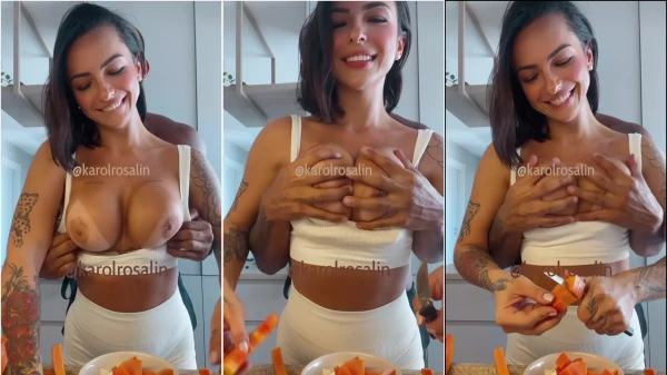 Following Karol Rosalin's breasts in the kitchen