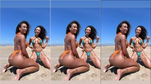 Sweet paty and hot friend on bikini beach