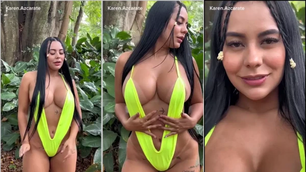Hot brunette karen azcarate of green swimsuits in the woods
