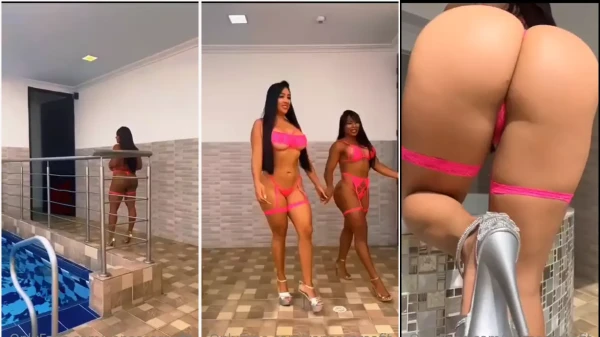 Vanessa Roa in bikini with brunette friend in the pool